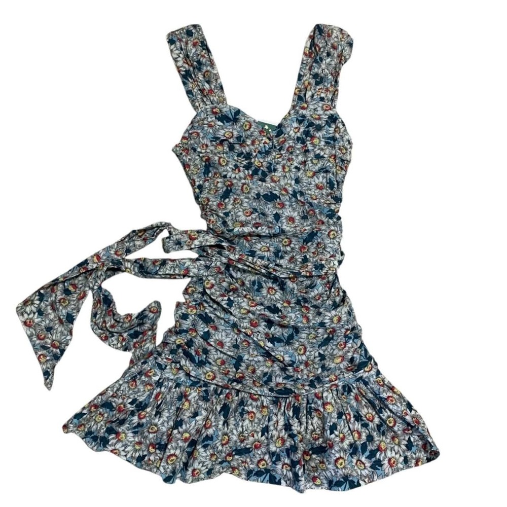 French Connection Dress Womens 2 Blue Floral Ruched Mini Cottagecore Summer